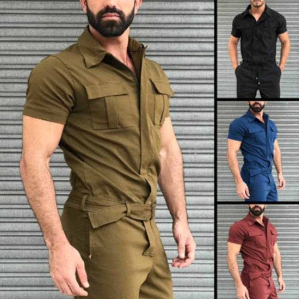 Men's Solid Color Belt Uniform Casual Street Overalls Men's Jumpsuits Men's Fash